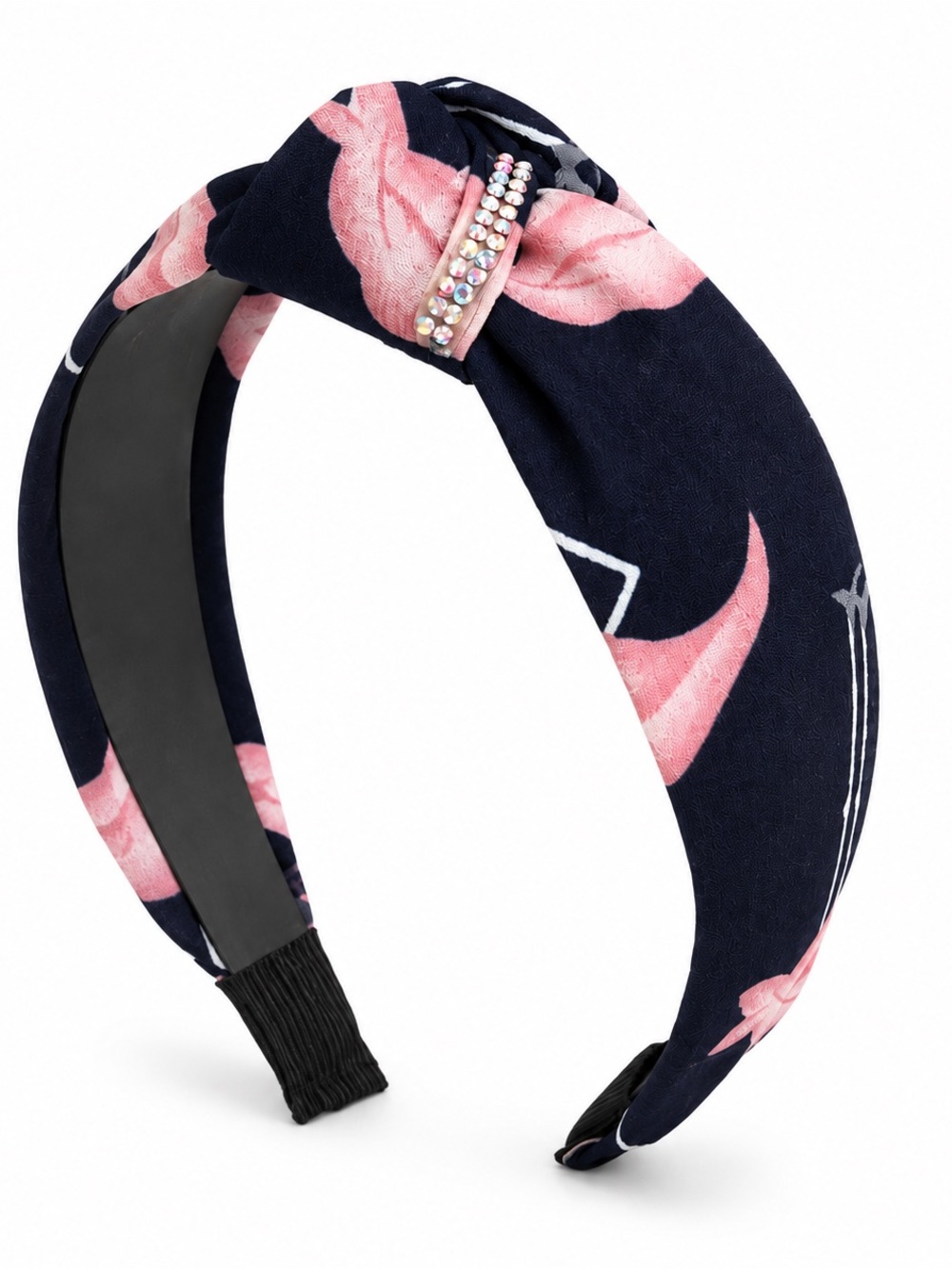 Navy and Pink Floral Knot Headband with Rhinestone Accent